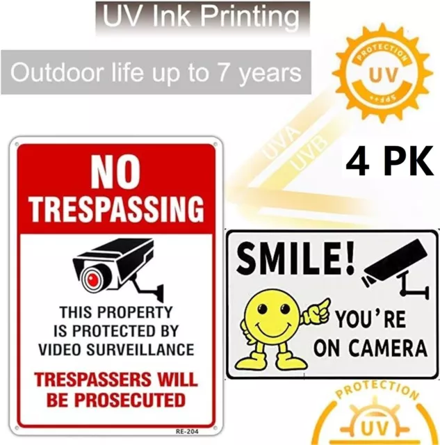 4 Pack WARNING SECURITY SMILE ON CAMERA NO TRESPASSING Aluminum Composite Sign