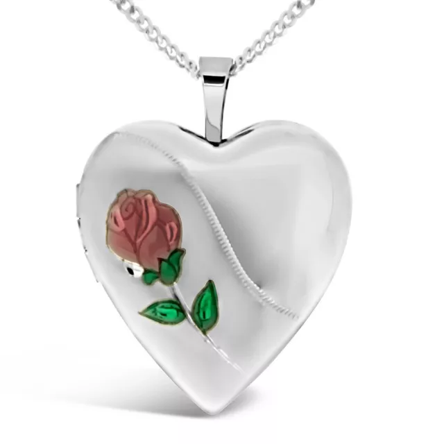 Sterling silver heart photo locket with red rose in jewellery gift box