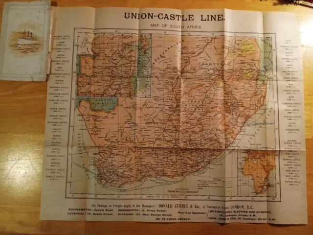 Rare & Vintage 1892 Map Of Africa:  Union-Castle Shipping Line Tourism Brochure