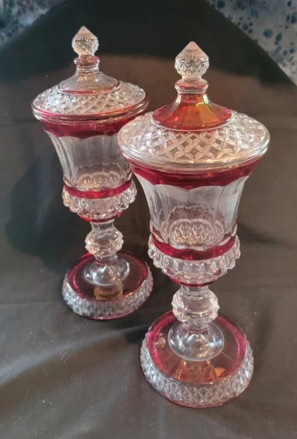 Vintage Pair of Westmoreland Ruby Flash Glass Lidded Pedestal Urns / Mantle Jars