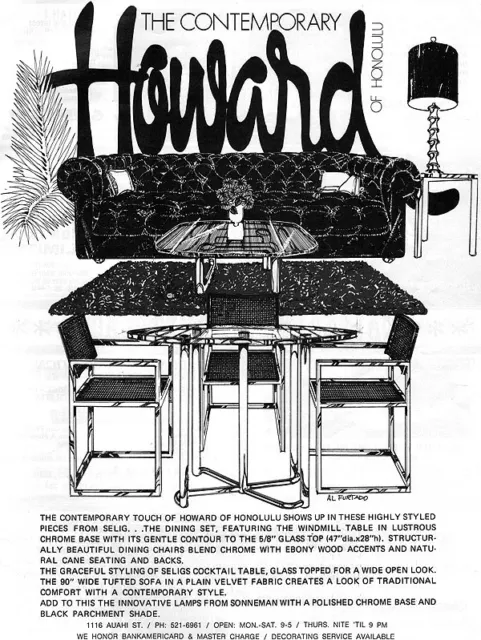 Al Furtado Selig Furniture HOWARD OF HONOLULU HAWAII Hawaiiana 1974 Print Ad
