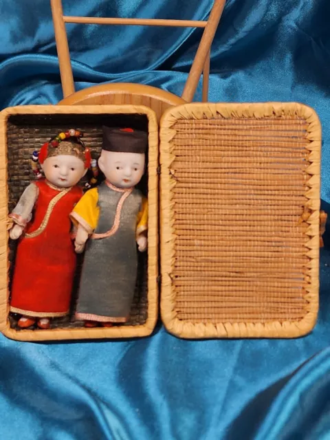 All Bisque Antique Doll pair in basket Mini Miniature Dollhouse 3” Jointed Arms