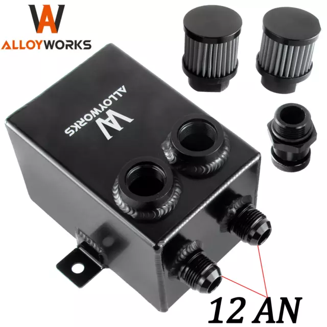2L 2x12AN Oil Breather Catch Can Tank + 2 Port Dual Breather Filter W/ Drain Tap