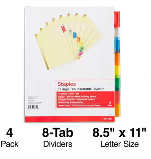 Staples Large Tab Insertable Dividers, 8 Color Tabs, 4/Pack - NEW