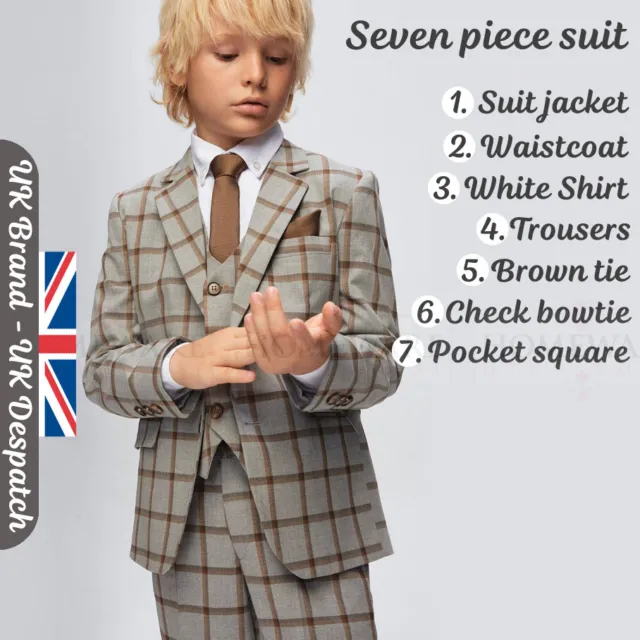 Boys 7 Piece Suit Grey Brown Kids Party Page Boy Designer Tailored Fit 6 to 15 Y