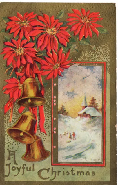 Postcard Vintage Christmas Embossed Poinsettia Red Snow Scene Bells Church 9130