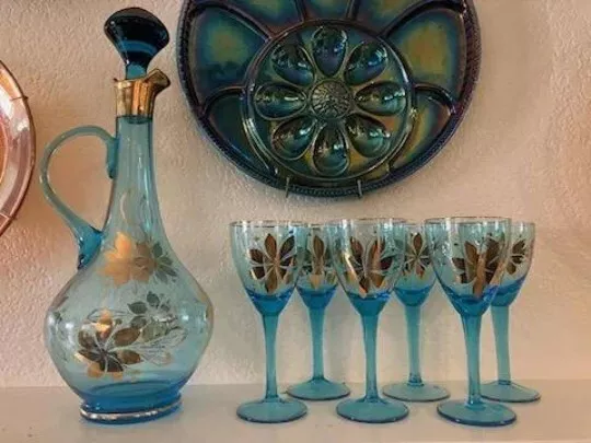 Romanian Blown Glass Decanter Aqua Blue & 22K Gold Gilt Hand Painted Set of 6