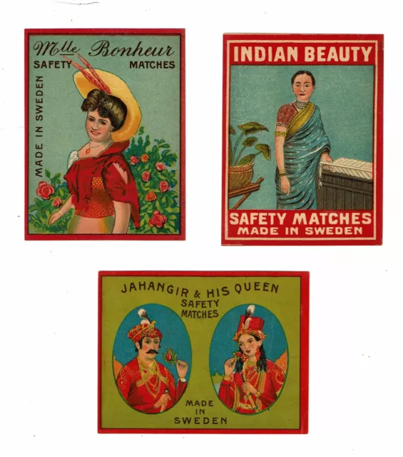 3 Old Sweden c1900s Glazed Packet Matchbox labels Jahangir & His Queen etc