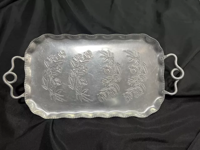 Vtg Farber and Shlevin Hand Wrought Aluminum Tray Rose/Floral Pattern W/ Handles