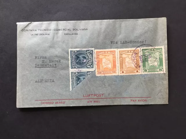 BOLIVIA 1938 10c BISECTA CUBIERTA MULTI FRANCOS A ALEMANIA