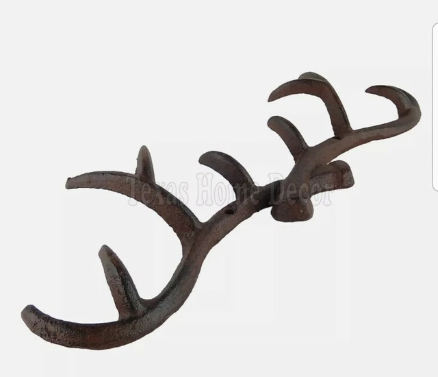 Deer Antler Coat Rack Key Hooks Hat Towel Cast Iron Wall Mount Cabin Lodge Brown