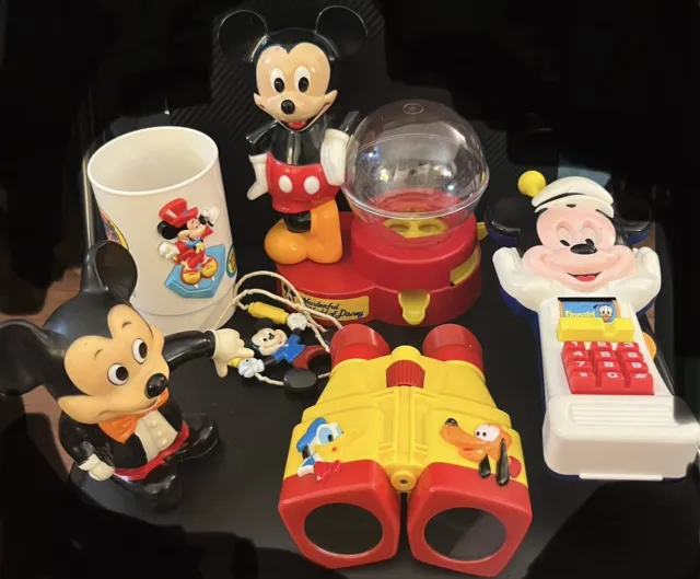 Vintage 70s-90s Walt Disney Mickey Mouse Toy Lot Gumball Machine Phone Cup Bank