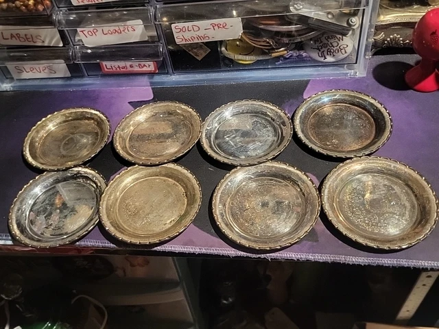 Vintage Swedish Silver Plated Set of 8 Coasters w/ Floral Decoration