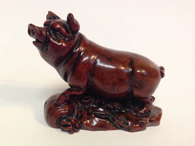 Farm Pig Hog Statue Figurine Figure Hand Carved Resin Brown Finish 3 Inch