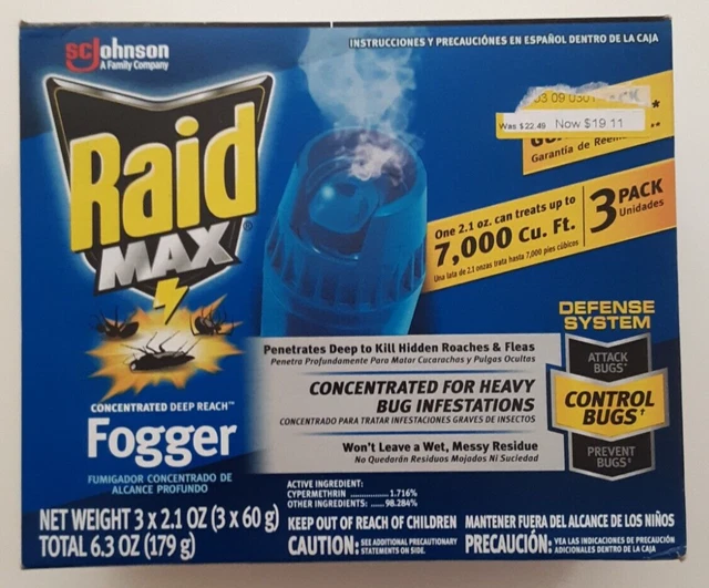 RAID MAX CONCENTRATED DEEP REACH FOGGER Kills Roaches & Fleas 3 Pack