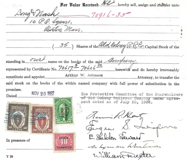 Bostin  Mass use Old Colony Railroad Company Stock Transfer Document 1936