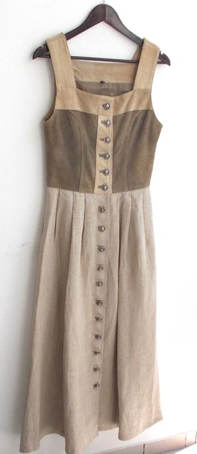 Abito tradizionale da donna senza maniche top pelle marrone, gonna lino grigio taglia 38