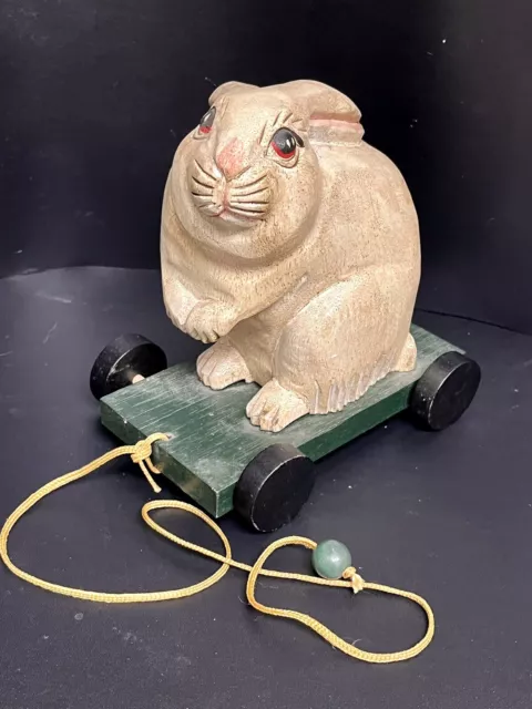 RARE VINTAGE HAND CARVED Toy Bunny Rabbit On Wheels Wood