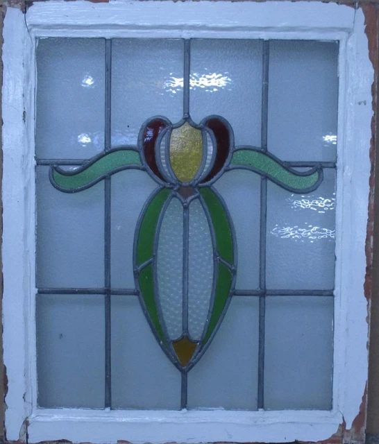 MIDSIZE OLD ENGLISH LEADED STAINED GLASS WINDOW Pretty Floral 23.25" x 27.25"