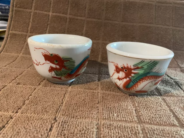 Rare Set of 2 Antique Chinese RED DRAGON T/M 839569 Porcelain Wine Tea cups Wow!