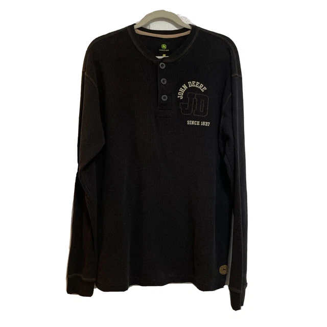 John Deere JD men black waffle thermal tractor farm long sleeve henley shirt L