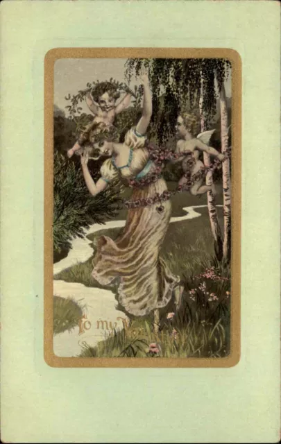 Valentine Beautiful Woman with Cupids Art Nouveau Fantasy c1910 Postcard