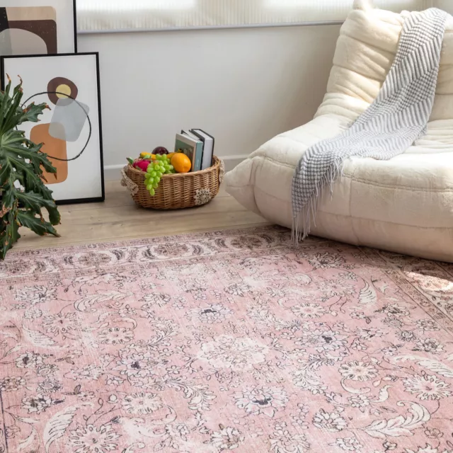 Dusty Pink Rug Soft Allover Distressed Bedroom Carpet Kids Rug Non Slip 160x230