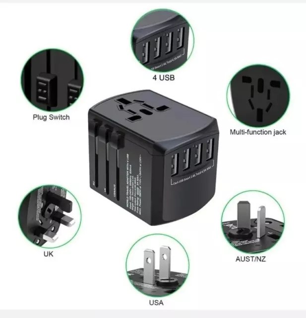 World Wide Travel Adapter Universal Multi Plug EU AU US UK 3 USB charger