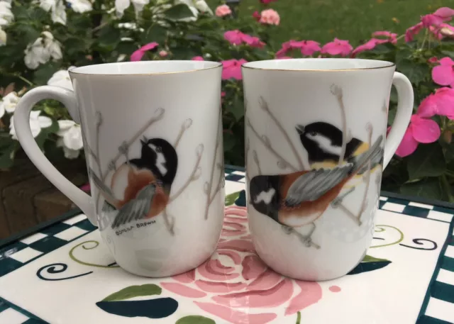 2 PORCELAIN COFFEE CUPS-MUGS by Otagiri of Japan CHICKADEE~BIRD LOVERS holds 8oz