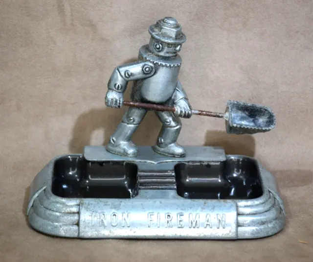 Vintage Metal Iron Fireman, Double Ashtray Robot Coal Stoker ~ Excellent Finish