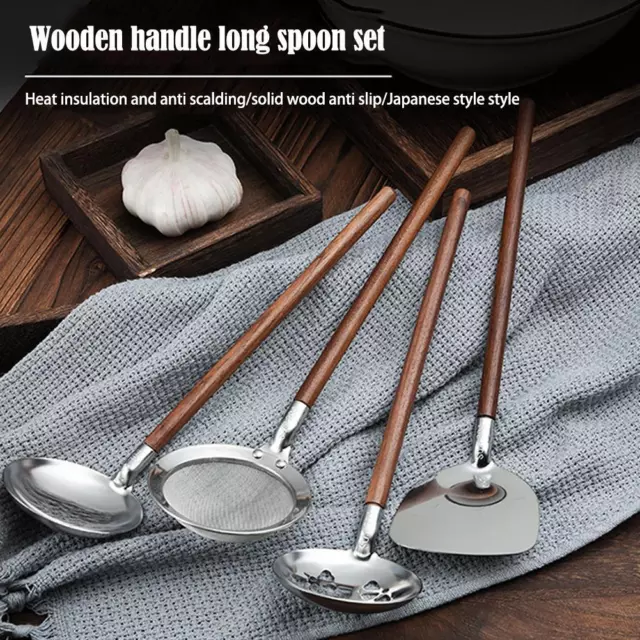 Stainless Steel Wooden Handle Hot Pot Spoon Ladle Straine Pot RHot Soup Lad W7L3