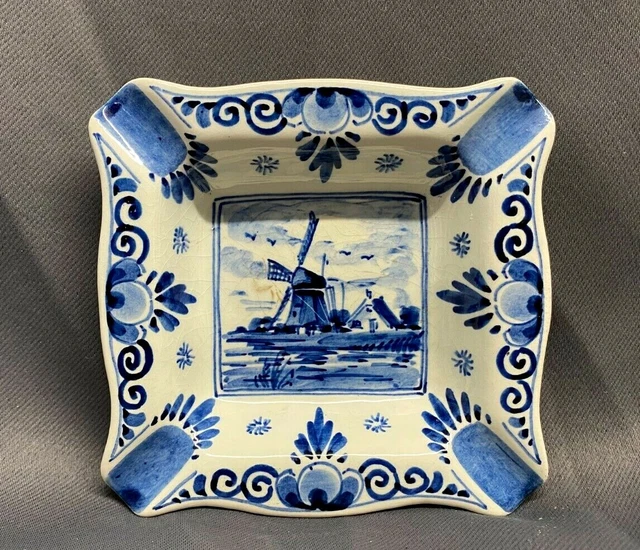 Delft Windmill Vintage Ashtray Blue White Hand Painted Holland 4" Square 704