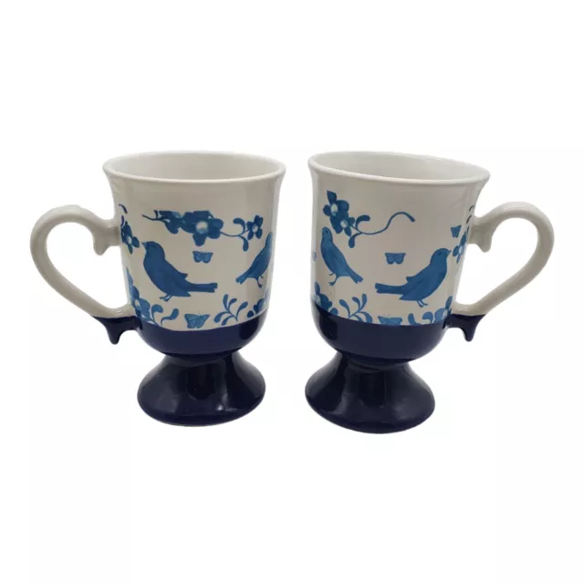 Vintage Set of 2 Stoneware Pottery Pedestal Mugs Cobalt Blue White Bird Floral