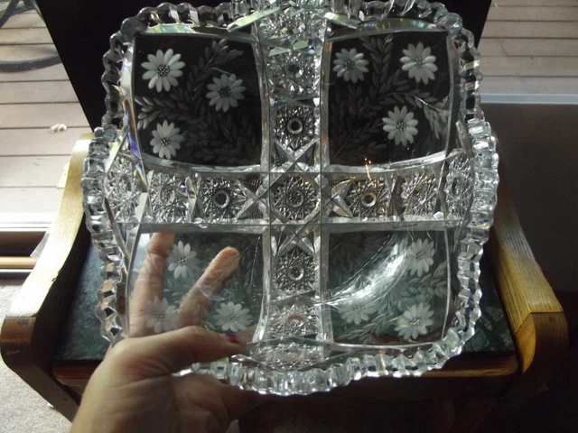 7-1/2" Square Bowl American Brilliant Cut Glass Crystal Hobstar floral motif ABP