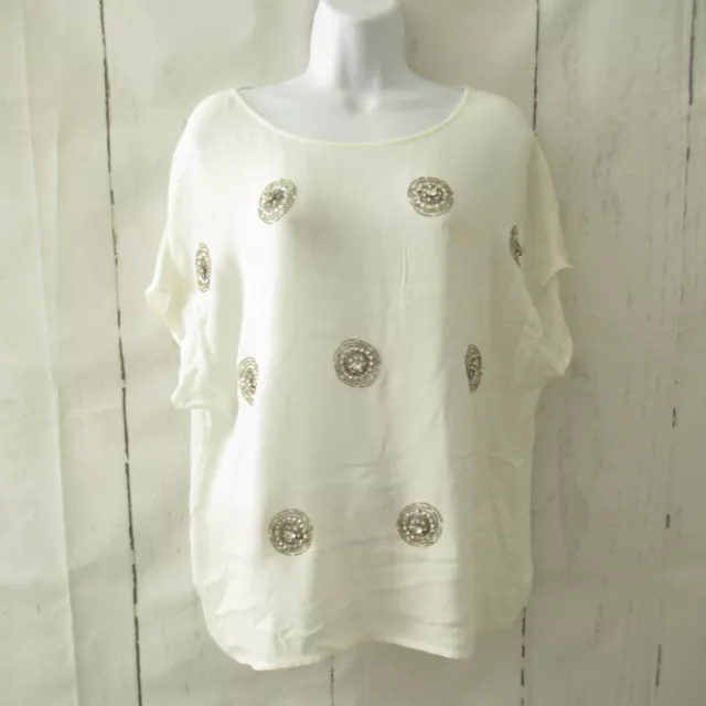 New Lord & Taylor Top M Medium Cream Beaded Rhinestone Short Sleeve