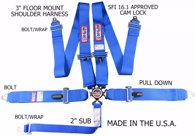 Rjs Racing Sfi 16.1 Cam Lock 5 Pt Seat Belt Harness Floor Mount Blue 1034103