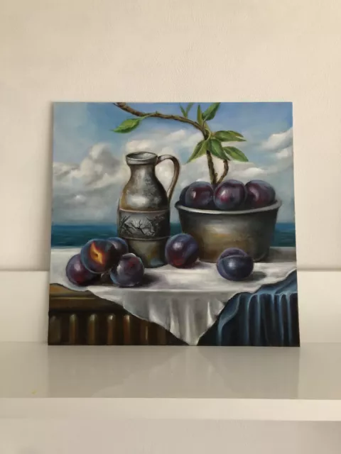 original oil painting, Still Life,jug, plums in a bowl, seascape, Fine Art,