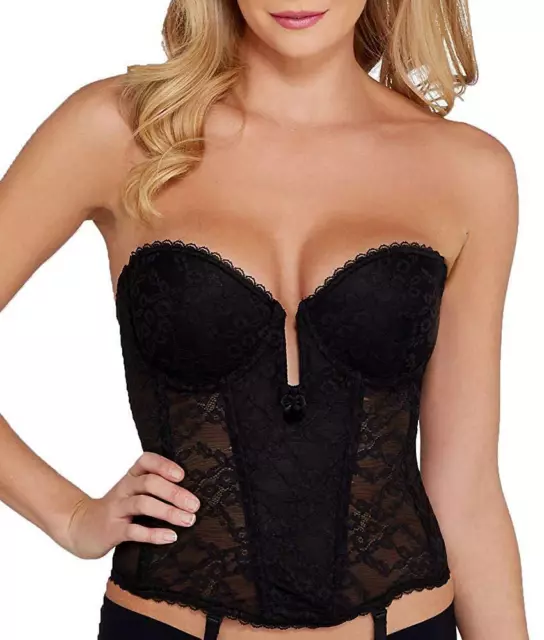 Va Bien BLACK Lace Low Plunge with Garters Bustier, US 38B, UK 38B