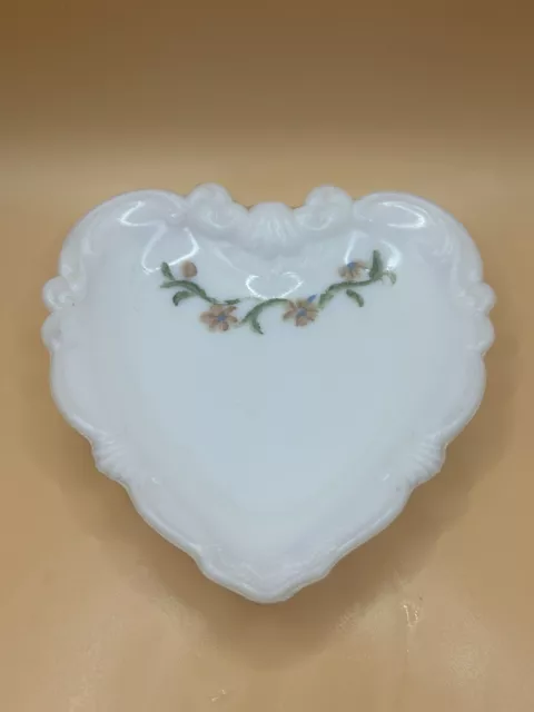 Antique Hand Painted Heart-Shaped Milk Glass Victorian Trinket Dish