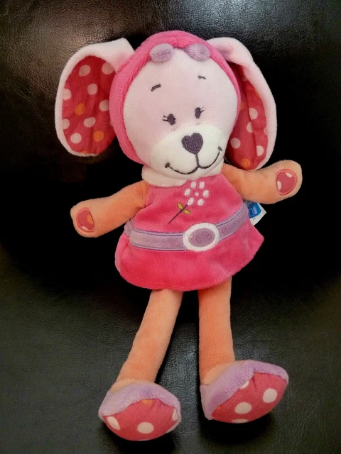 *. DOUDOU PELUCHE TEX BABY LAPIN ROBE CAPUCHE  ROSE PATTE ORANGE 28cm ETAT NEUF*