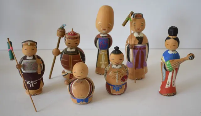 Antique Japanese Hand Painted Kokeshi Doll Wooden Peg Bobble Head  7 Lucky Gods