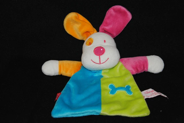 Peluche Doudou Chien Plat TIAMO Lapin Cocard Os Bleu Vert Rose Jaune TTBE