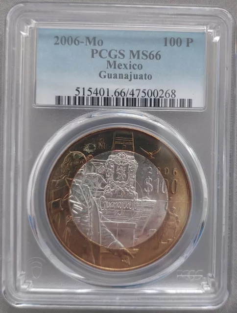 MEXICO BIMETAL SILVER 100 PESOS UNC COIN 2006 YEAR KM#789 Guanajuato PCGS MS66