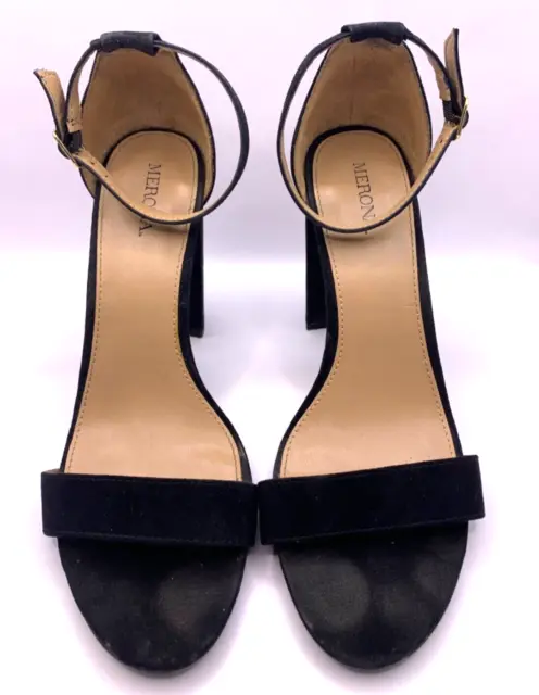 Merona Heels Womens Size 8.5 Ankle Strap Pump Black Suede Block Casual Open Toe