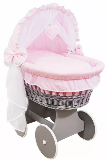 Grey Wicker Wheels Crib/baby Moses Basket + Complete Bedding Pink/cotton