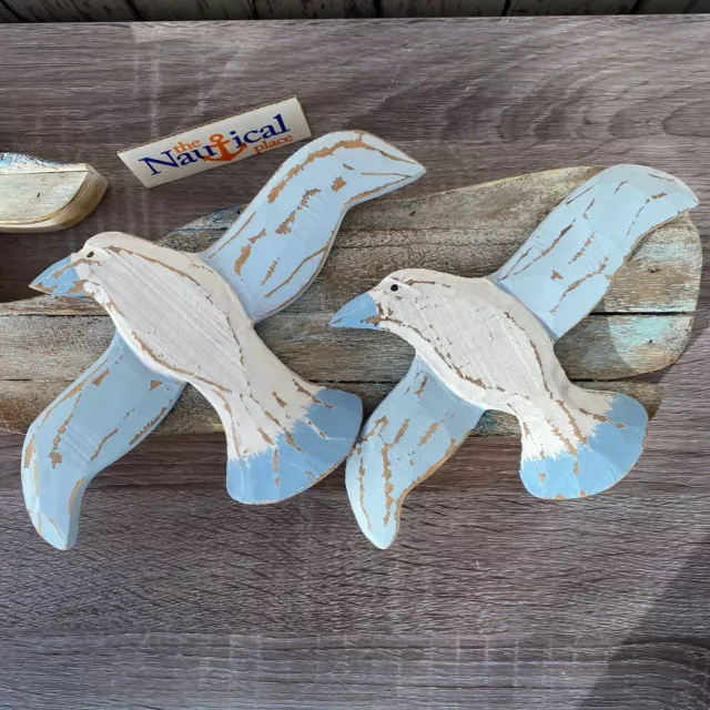 Wood Seagull Wall Plaques - Set of 2 - Hand Made Bird Decor - Nautical Bathroom