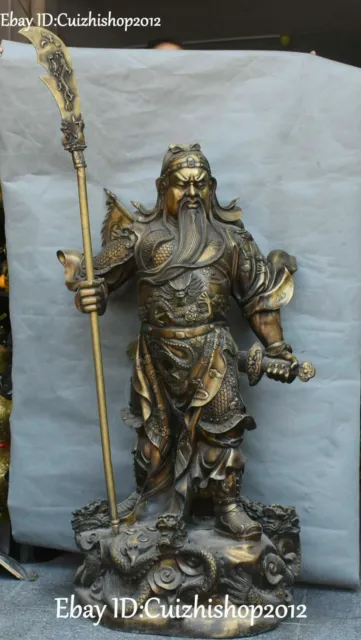 52" Pure Bronze 9 Dragon Guan Gong Yunchang Yu Warrior God Flag Sword Statues