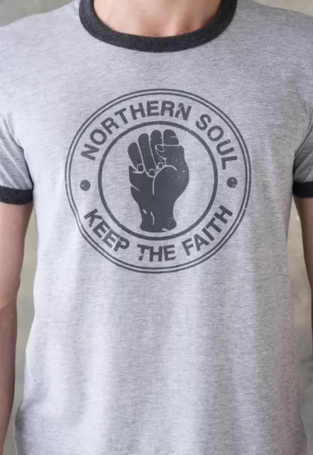 Northern Soul Keep The Faith Fist Logo Ringer T Shirt Tee Top Mod Mens 60s Retro