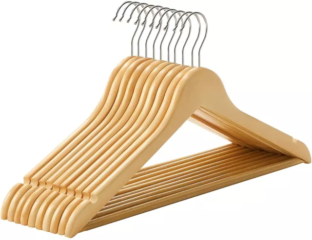 10 Natural Wooden Coat Hangers Suit Garments Clothes Wood Hanger Trouser Bar Set