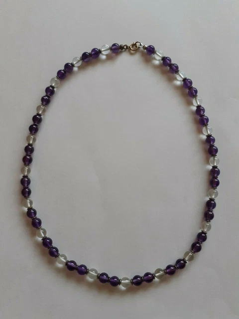 Collier Perles Améthyste Et Quartz Blanc – Pierres Véritables, Longueur 41-45 Cm, Doré